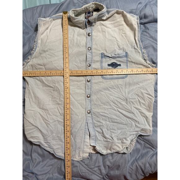 harley davidson biker blues denim snap shirt 2xl usa made sleeveless vintage - Picture 6 of 7